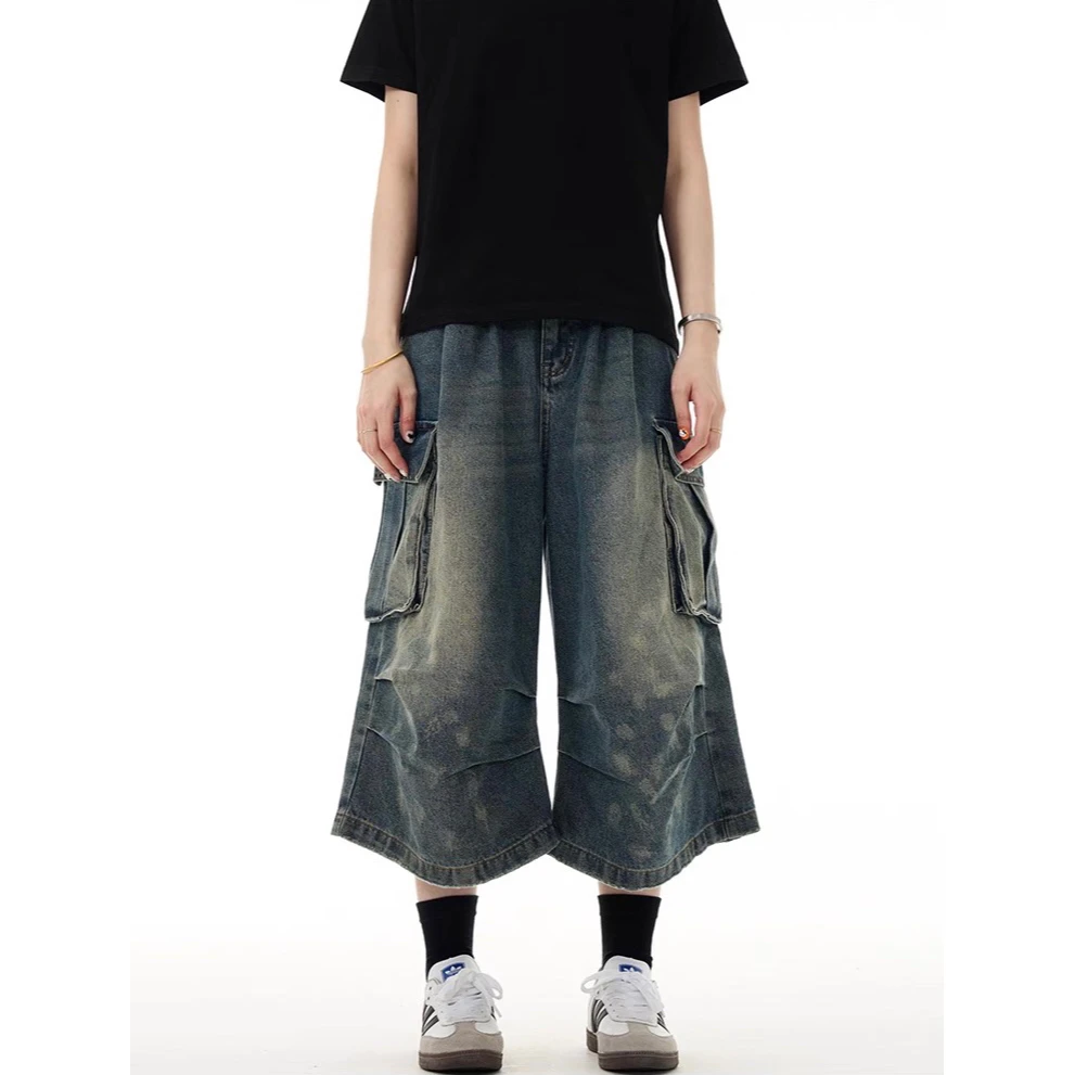 الرجعية الأمريكية Waed الدنيم orts الرجال فضفاضة تناسب سبعة أرباع طول ملابس العمل Sle عادية القطن البوليستر مزيج الجينز #2