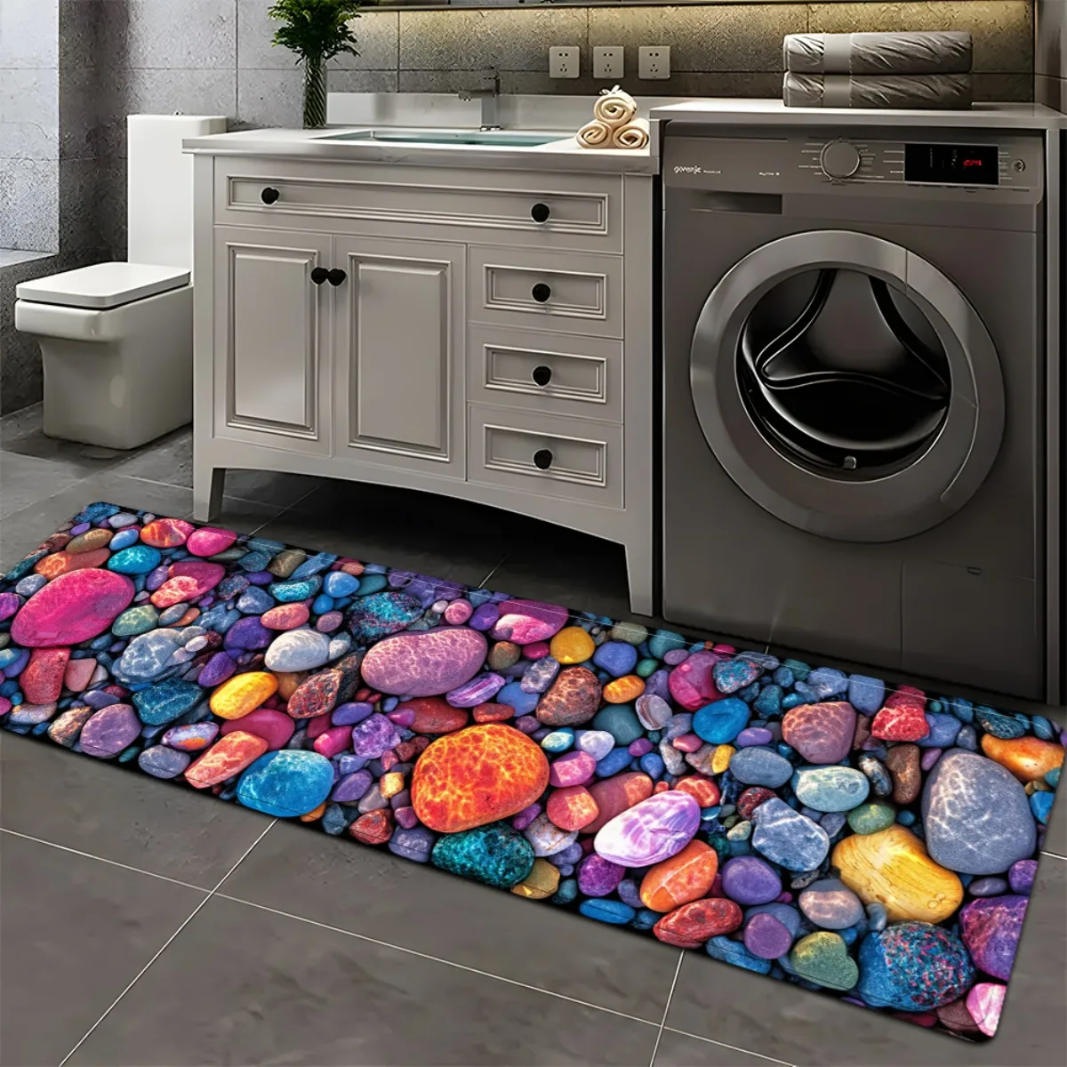 Colorful Realistic River Cobblestone Smooth Pebble Landscape Runner Rug, anti-slip water absorb carpet for bathroom laundry