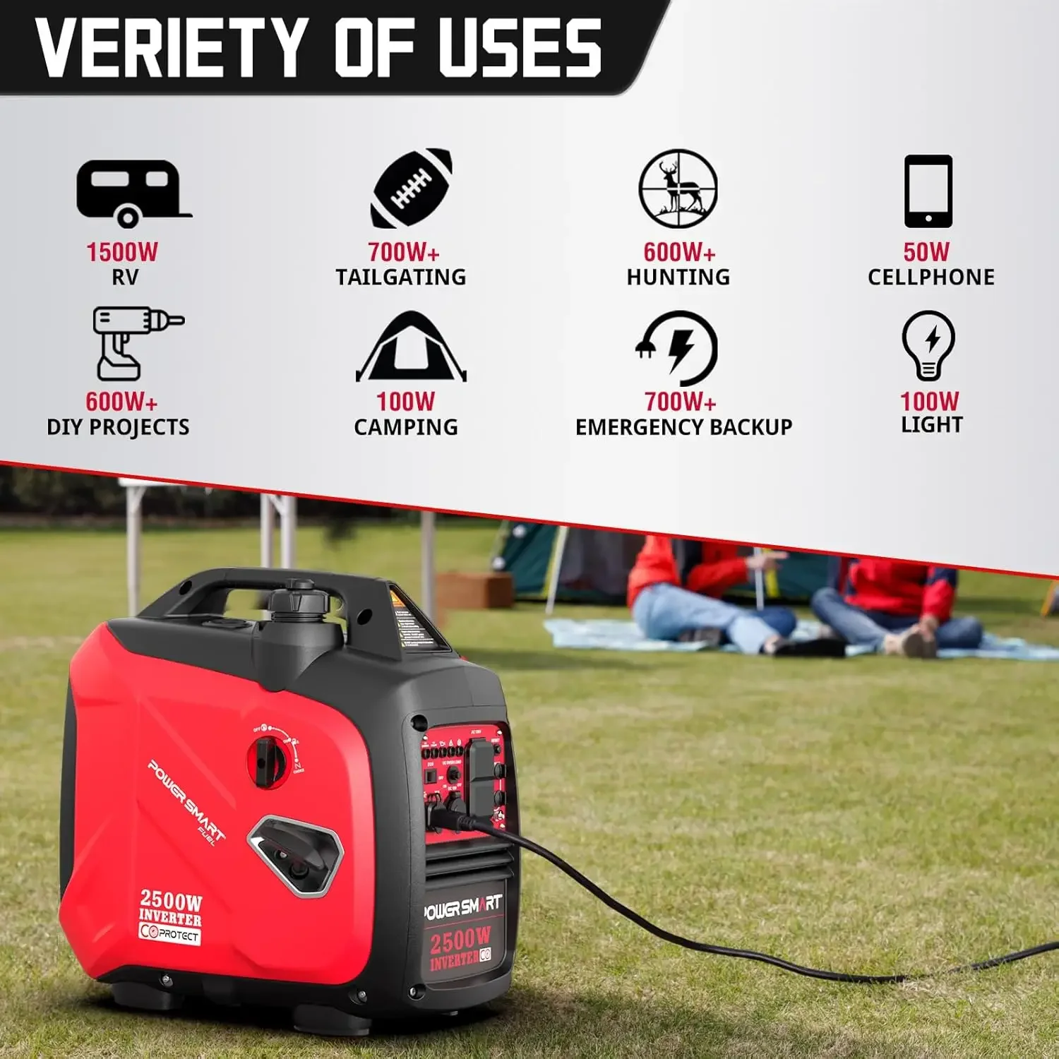 Gerador inversor portátil movido a gás PowerSmart de 2500 watts, super silencioso para camping, tailgating, uso doméstico de emergência