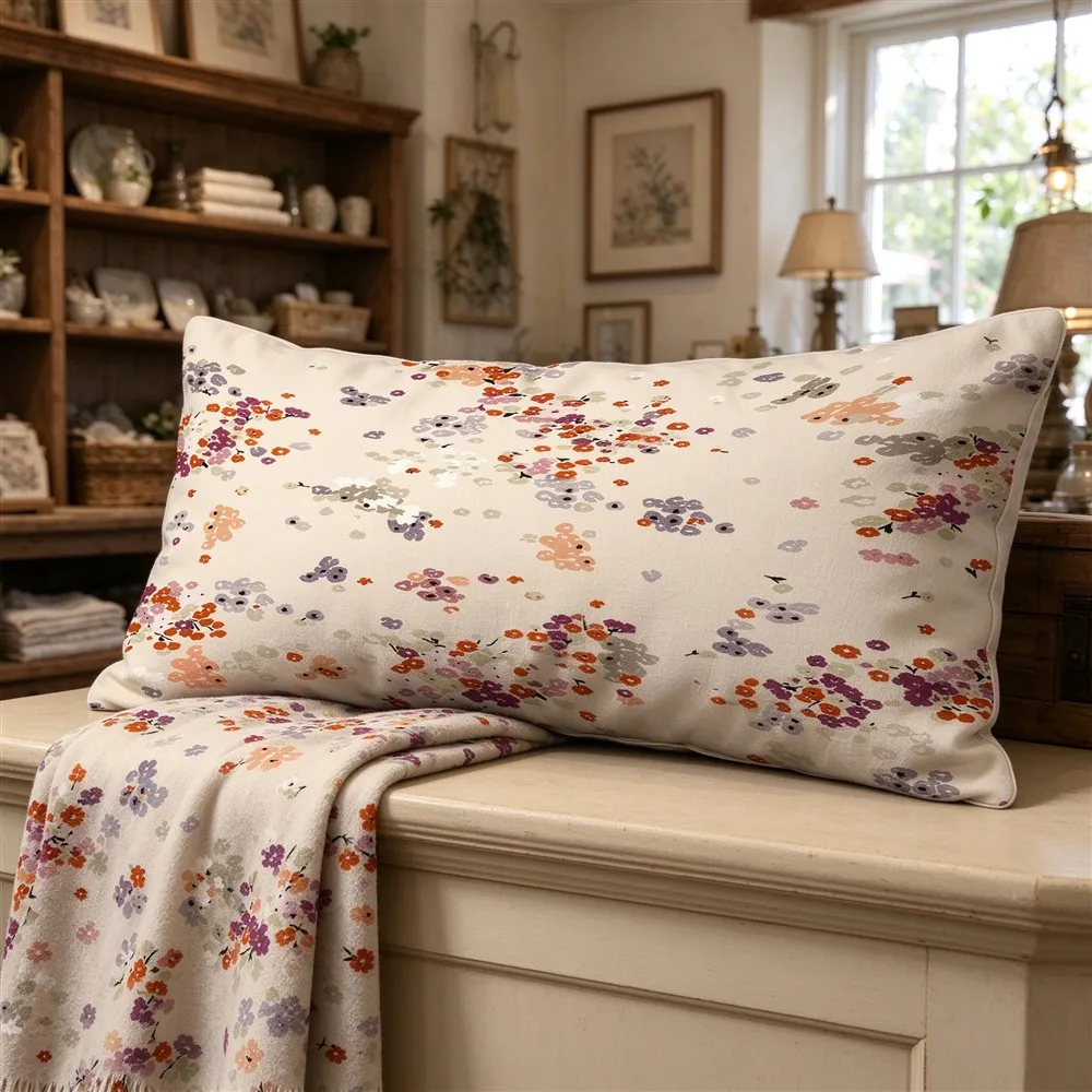 Blush Brown Rustic Ditsy Print Long Pillow Cover, Country Style, Boutique Decorative, Polyester, Wedding Gift, Stain Resistant