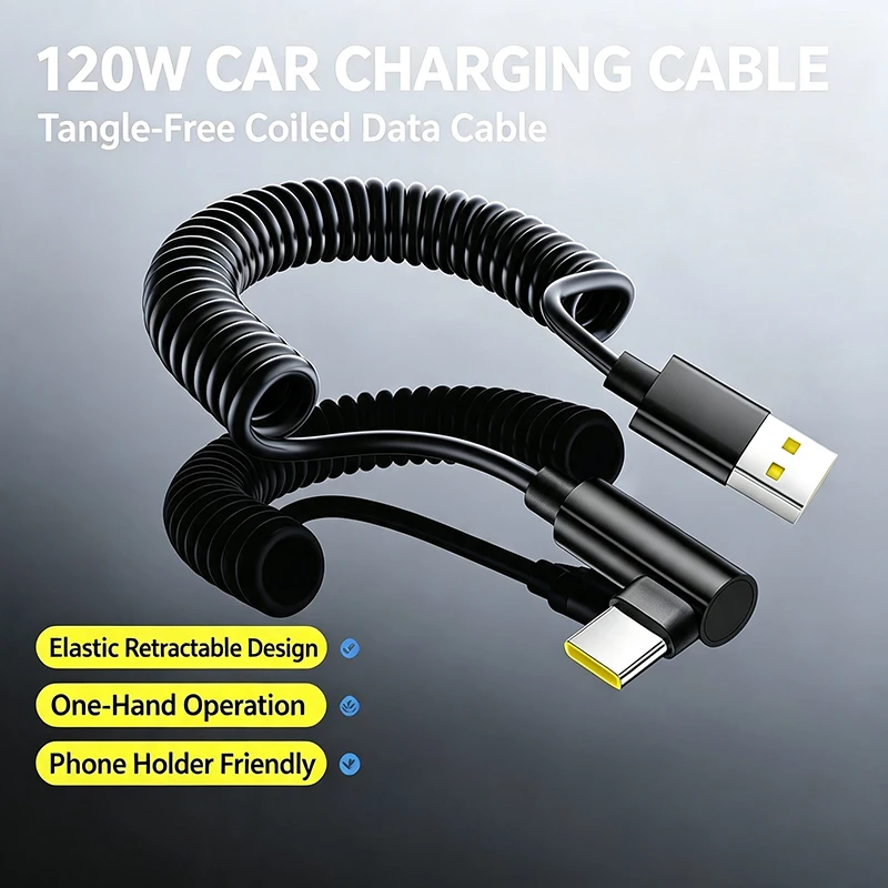 Car USB ToType C Cable 90 Degree Elbow Mobile Phone Fast Charging Spring Telescopic Cable For iPhone Samsung Xiaomi OnePlus