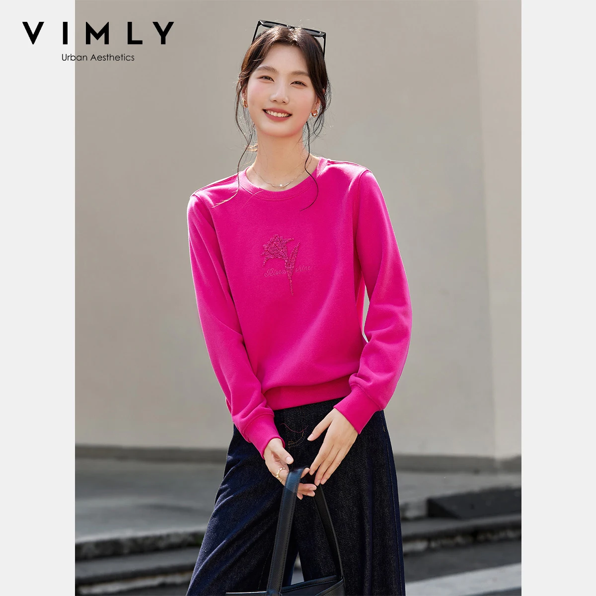 

VIMLY Woman Sweatshirts Casual Fall 2025 Letter Embroidered Ladies Sweatshirts Sporty 3d Flower Round Neck Long Sleeve Top A2696