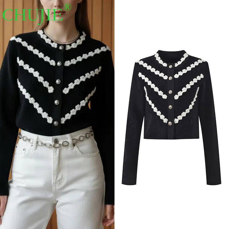 

CHUJIE 2025 Autumn Winter New Fashionable Elegant Hand-Crocheted Striped Color-Block Round Neck Short Knitted Cardigan Top