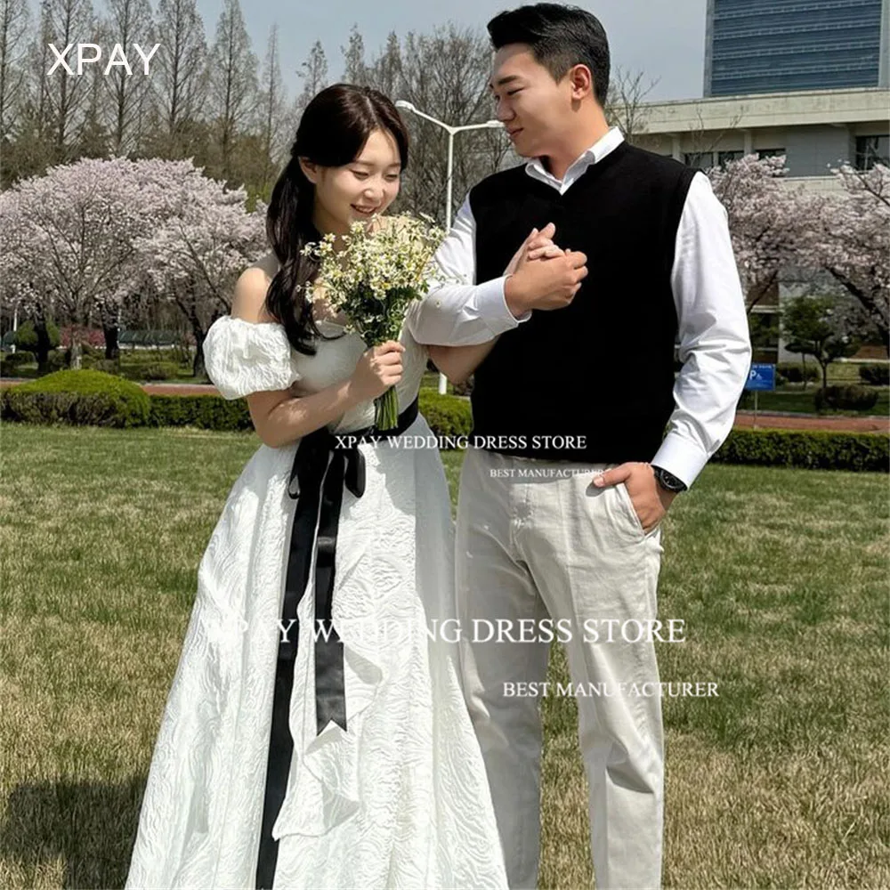 

XPAY Sweetheart Wedding Party Dresses Korea Photos Shoot Short Sleeves Off The Shoulder Black Ribbons Bride Evening Gowns