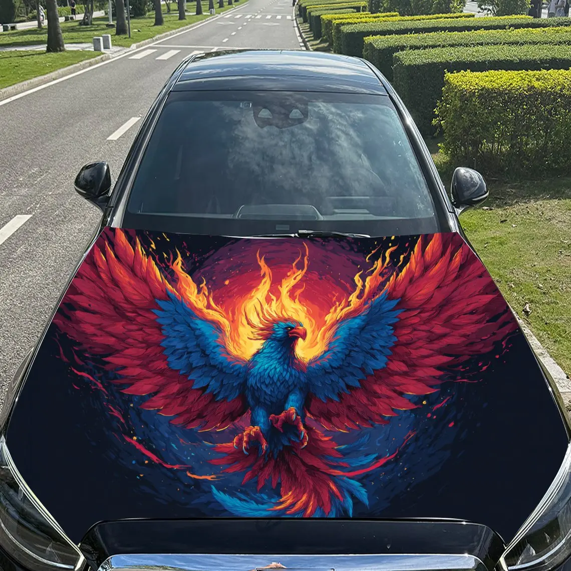 Colorful - Flaming Phoenix Spreading Wings Car Vinyl Wrap, PVC Material Waterproof Car Hood Sticker, Self-Adhesive Scratch-Resis
