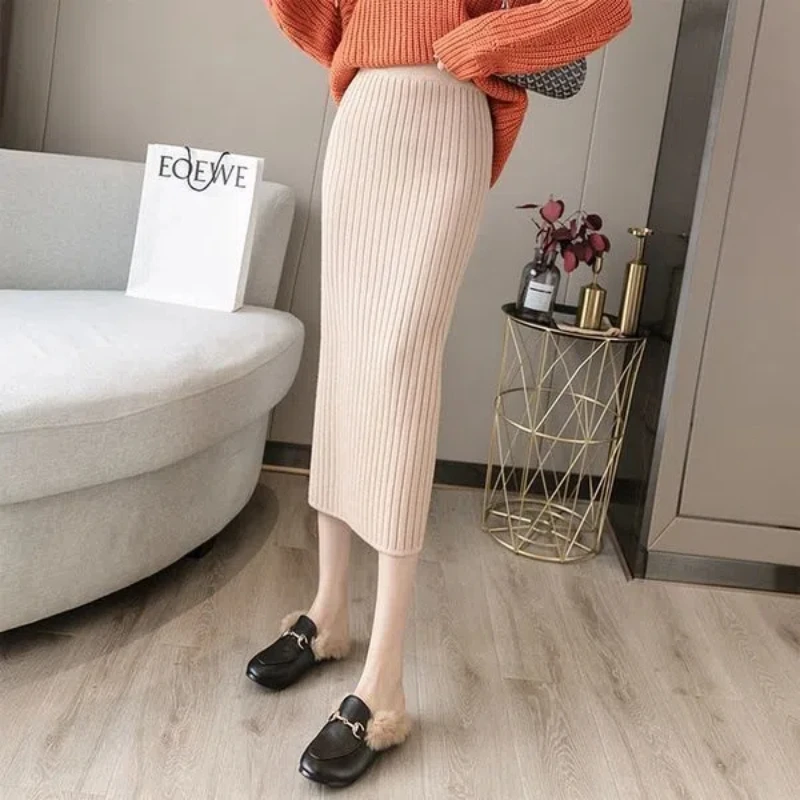 Sweet Fashion Autumn Women Solid Elastic High Waist Split Korean Temperament Slim Mid-lengt A-line Knit Bag Hip One Pace Skirt