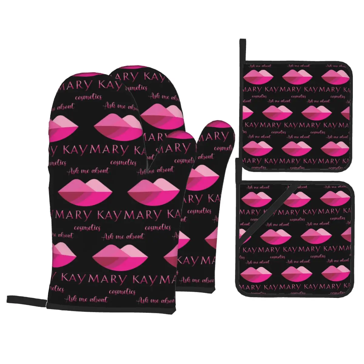 Ask Me About Mary Kay Cosmetics Oven Mitts and Pot Holder Sets of 4 for Baking Kitchen Cooking Resistant Non-Slip Gloves