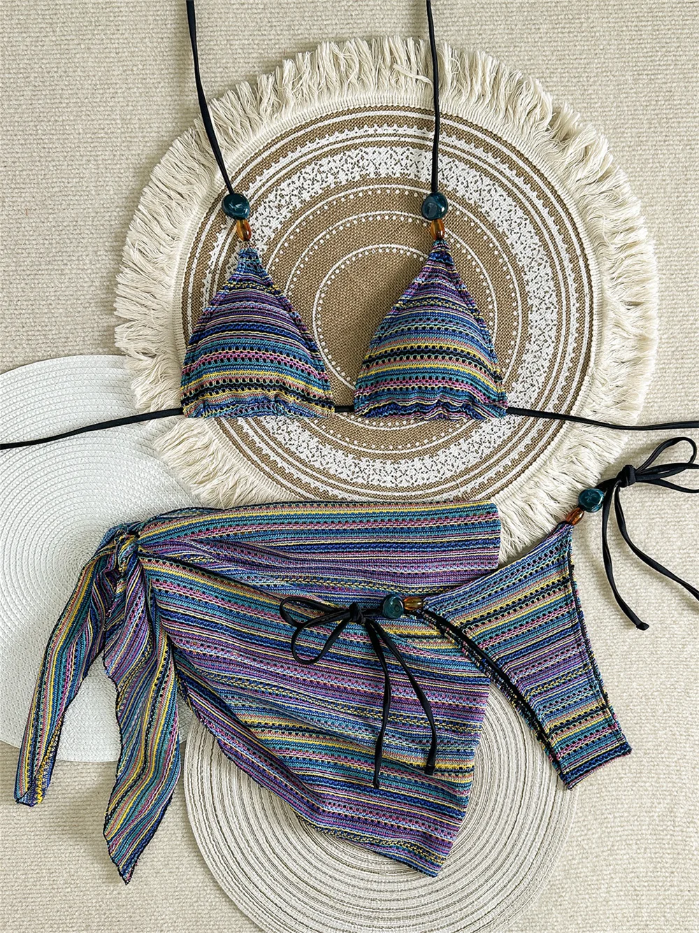 Vintage Gradient Striped Bikini Boho Beaded String Swimsuit Women Backless Swimwear Hollow Cover Ups Vacation Outfit Bikinis Set