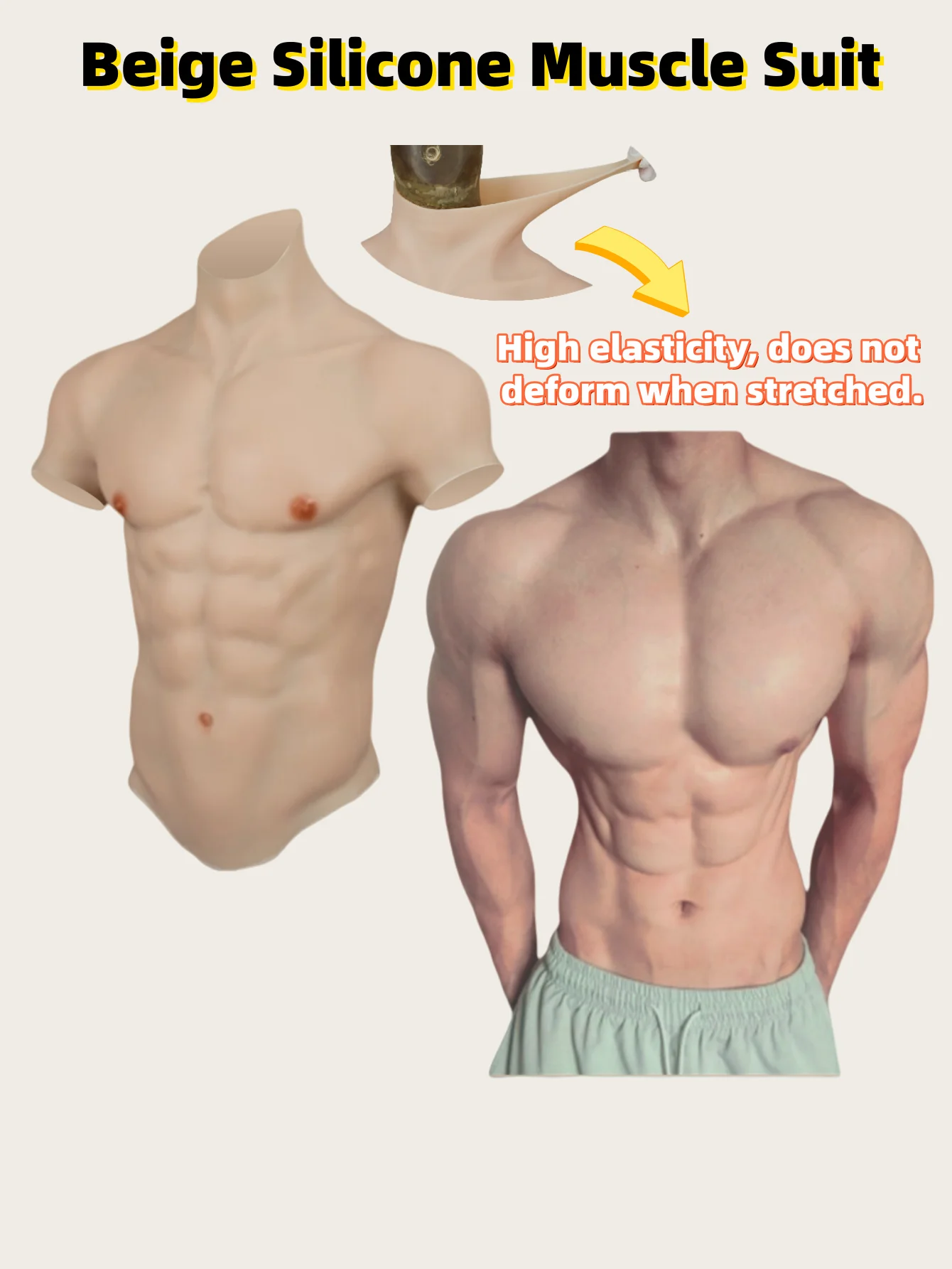 

Beige Silicone muscle suit with realistic raised-texture skin detail on the interior