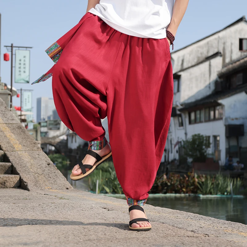 

Japanese Kimono Men Chinese Style Cotton Linen Samurai Print Belt Retro Harem Pants Baggy Trousers Male Harajuku Hip Hop Pants