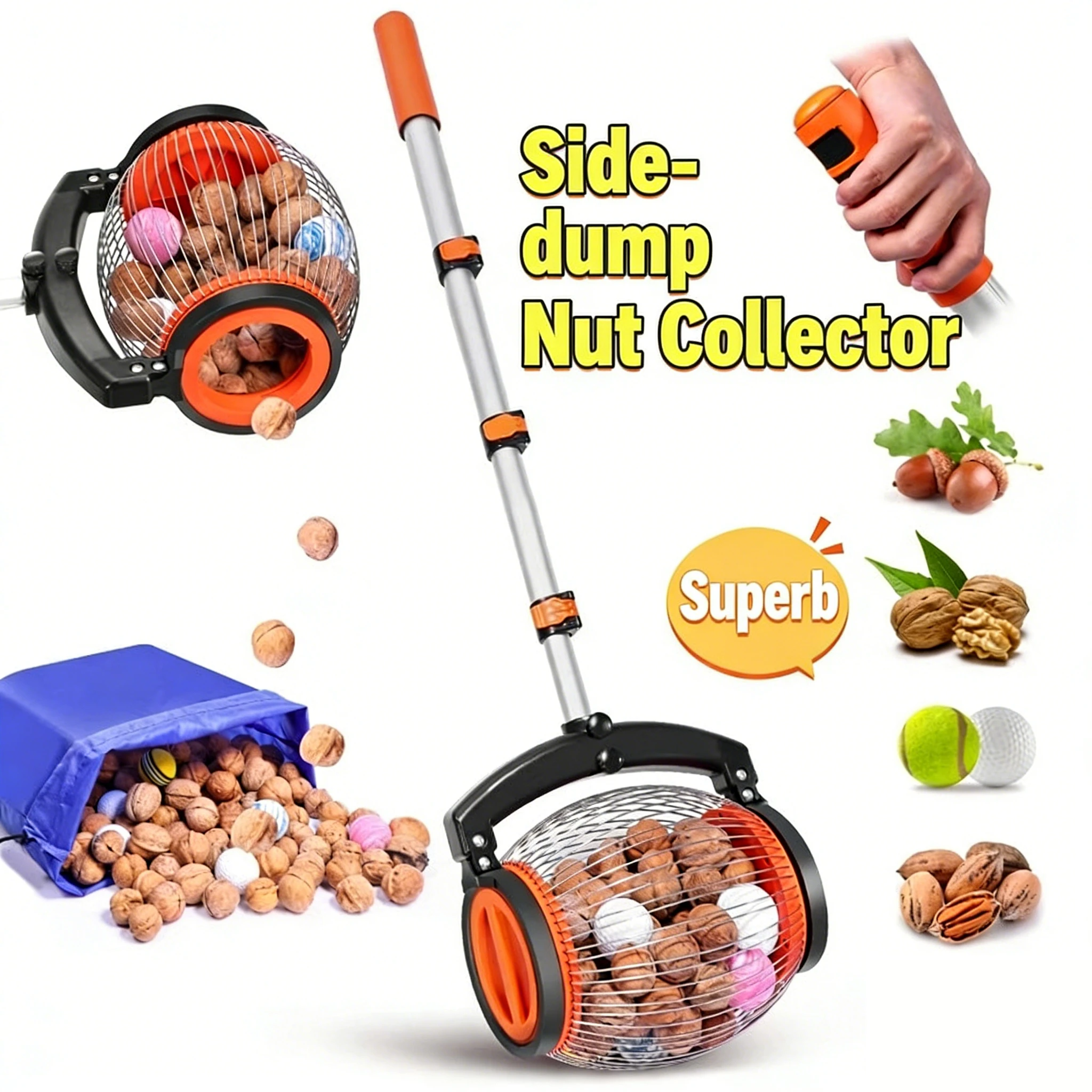 Recogedor de Nueces, Recolector de Nueces Rodante, Ajustable, Ligero, Herramienta Manual para Exteriores, para Recoger Nueces, Pecanas, Pelotas de Golf