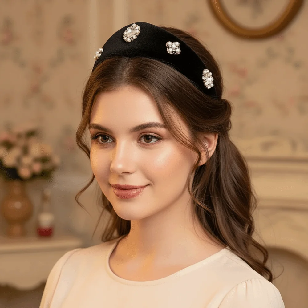 

Элегантная бархатная треугольная повязка на голову в стиле барокко, обруч для волос с британской короной, широкий край, винтажные аксессуары для волос в европейском и американском стиле