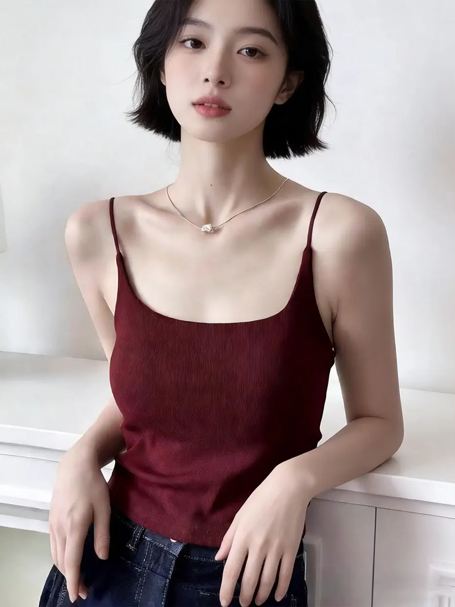 Red  Strap Vest Women's Suit Inner Wear Beautiful Back Bra Integrated Chest Pad Flocking Base Top Slim Fit U-Neck Polyest...