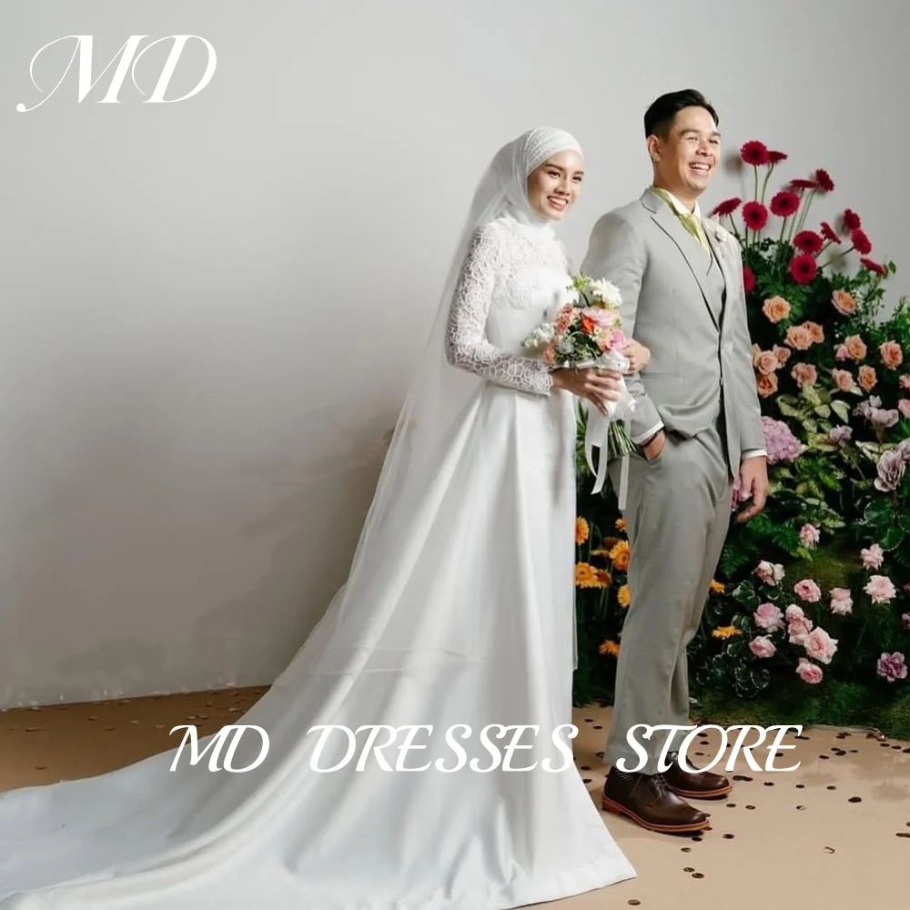 

MD Modest White A-line Wedding Dresses Hollow Long Sleeves Sweep Train Vintage Arabic Evening Gowns Muslim vestidos Customized