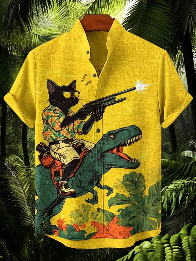 New men's new Chinese style gradient ink lotus short sleeved shirt, Chinese style Zen style loose fitting shirt