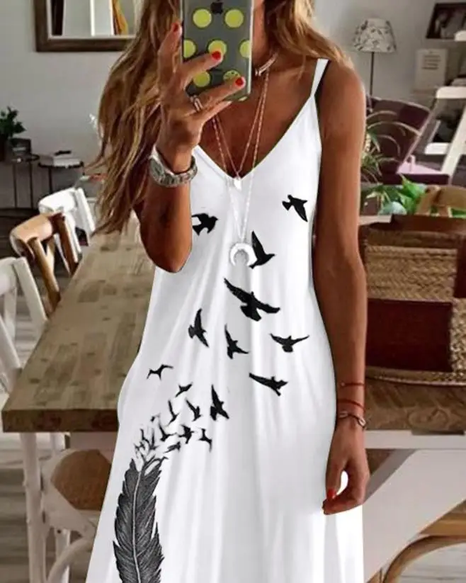 Casual Feather Bird Print Spaghetti Strap Maxi Dress V-Neck Summer Daily Cami Flared Vacation Fashion Women's Dresses