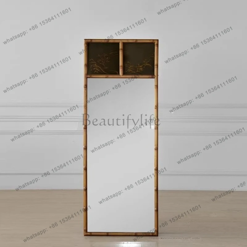 Classical retro new Chinese style mixed and matched painted bamboo square hanging mirror decorative mirror