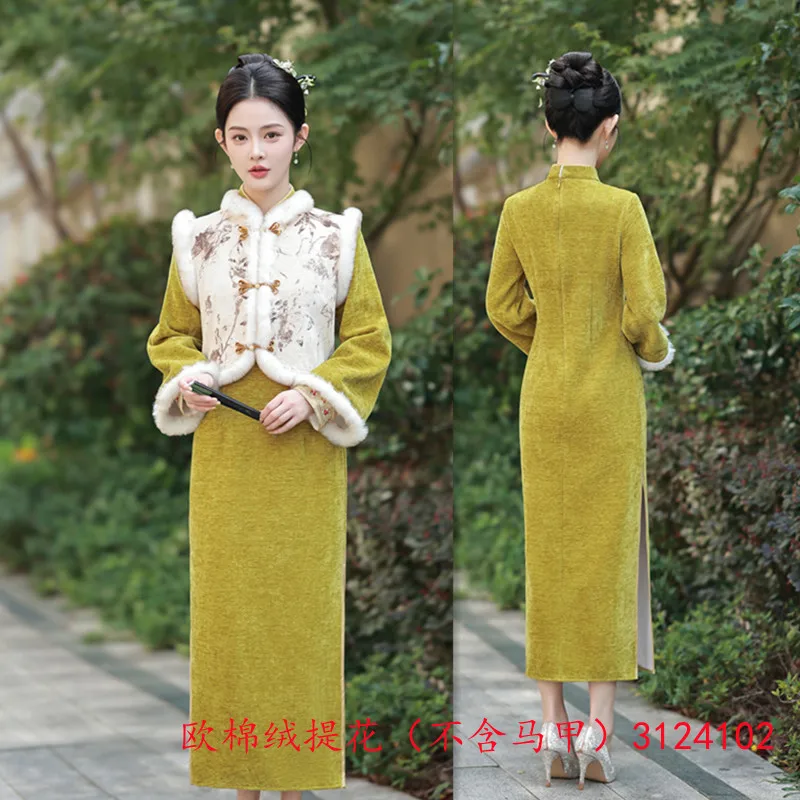 Europeu algodão veludo jacquard e forro de lã engrossado seção longa invertida manga grande cheongsam qi pao inverno novo jovem