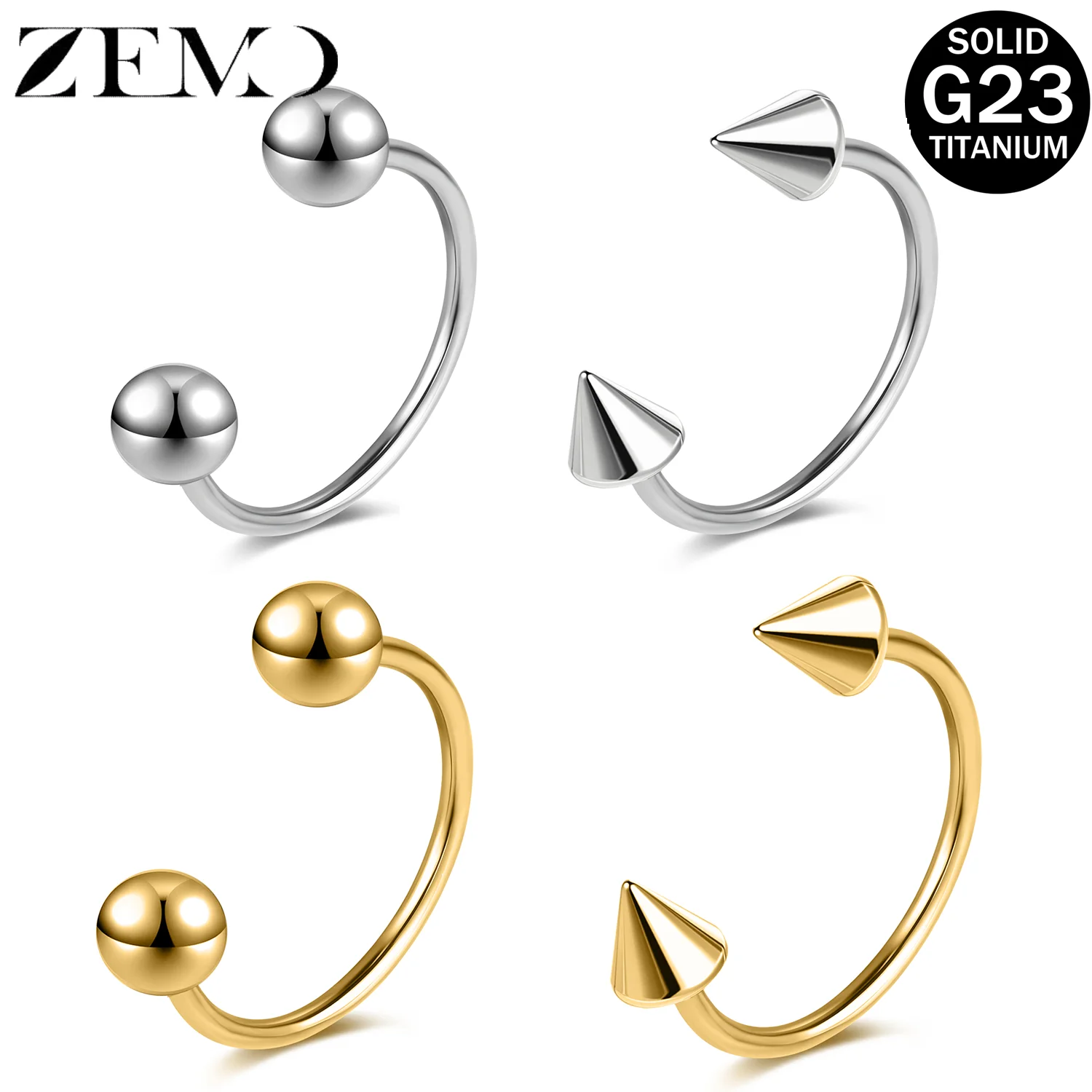 ZEMO 1 Stück ASTM F136 Titan Hufeisen-Nasenring Unisex Septum-Ringe Runder Spike Lippen-Ohrring Nasenloch-Piercing Schmuck 20G 8/10MM