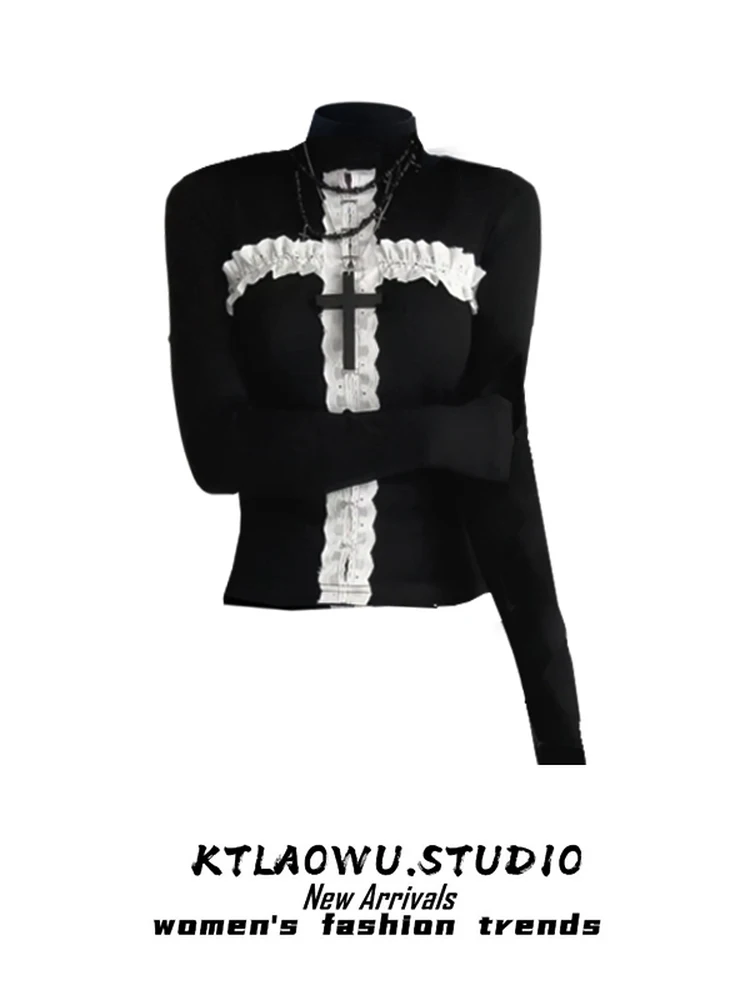 

Готическая женская футболка Sle Long Sve, внутренняя одежда, кружевная лоскутная вышивка крестиком, облегающий костюм на Хэллоуин, дышащий модальный костюм...