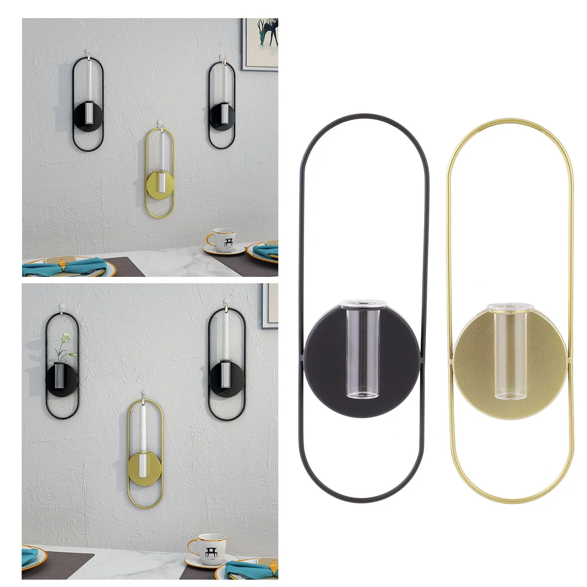 

Oval Wall Hanging Holders Gold Candlestick Flower Arrangement Wall Decor Holder for Home