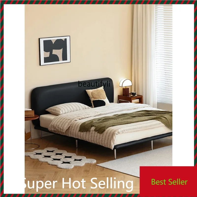 QQ132 Nordic Small Apartment Simple Soft Bag Leather Bed Master Bedroom 1.8M Double Bed Mild Luxury Retro