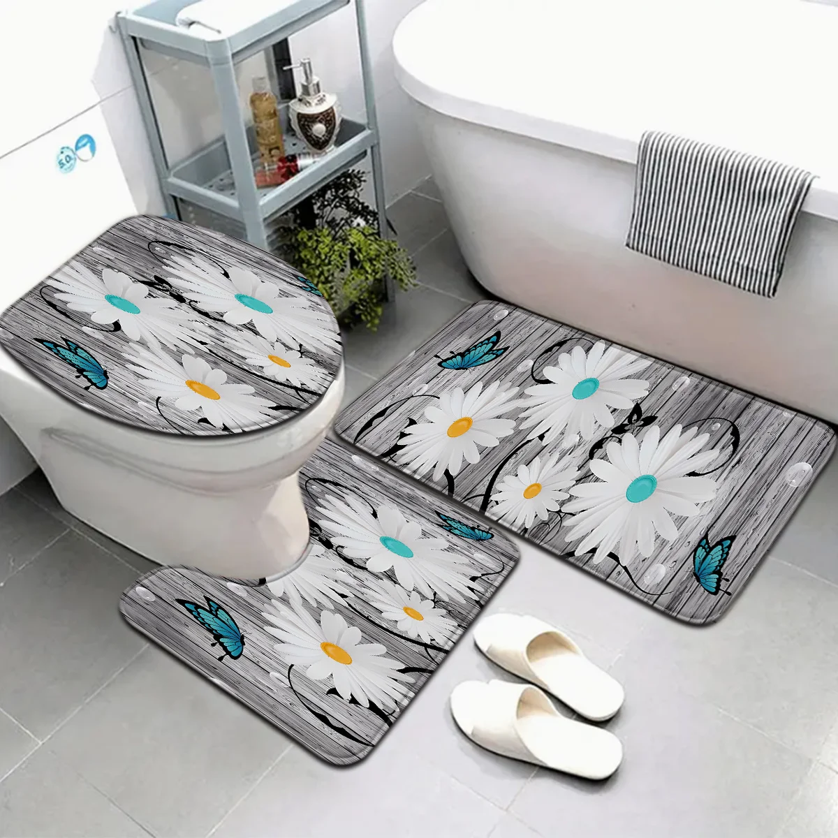 

Набор ковриков для ванной комнаты серо-белого цвета с рисунком ромашки, 3 шт., с чехлом на сиденье унитаза и U-образной подставкой для ног