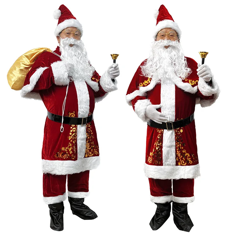 

Adult Men Christmas Costume Cosplay Santa Claus Bearded Grandpa Red Suede Suit Xmas Outfit Theme Holiday Party Set
