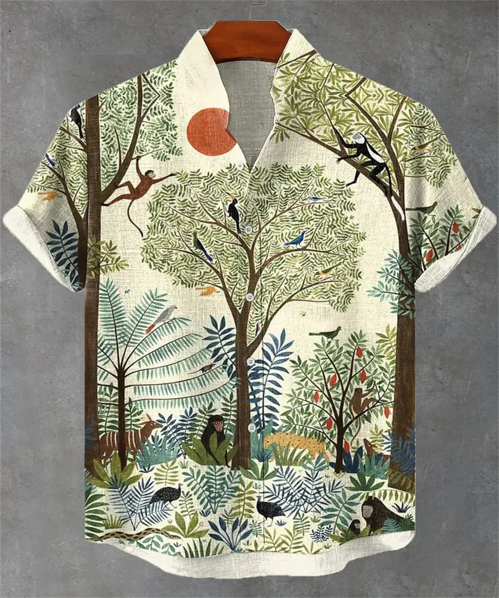 2025 men's new hot sale exquisite art pattern print summer comfortable linen short sleeve shirt men's casual button down top