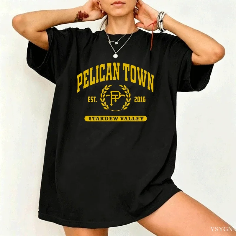 Womens Short Sleeve T Shirt Pelican Town Stardew Valley Laurel Wreath Graphic Print Crew Neck Tees Game Loose Fit Daily Tops