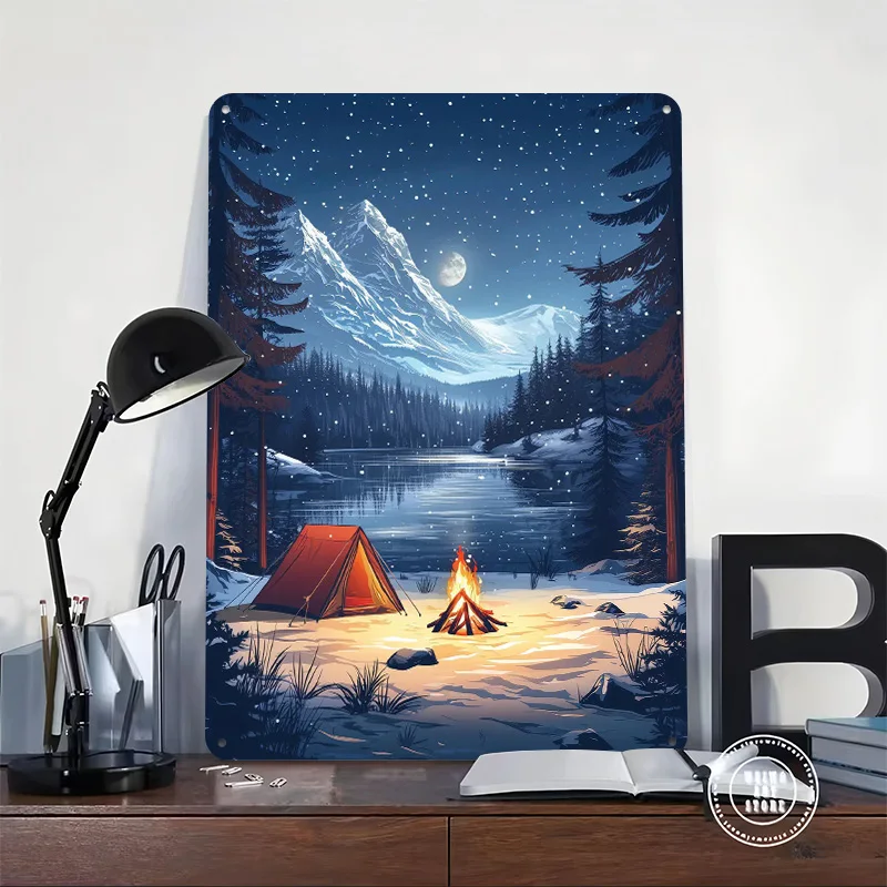 The Winter Campsite Night Poster Customized Vintage Metal Signs Wall Art Retro Tin Plaque for Decor Room Decoration Gaming House