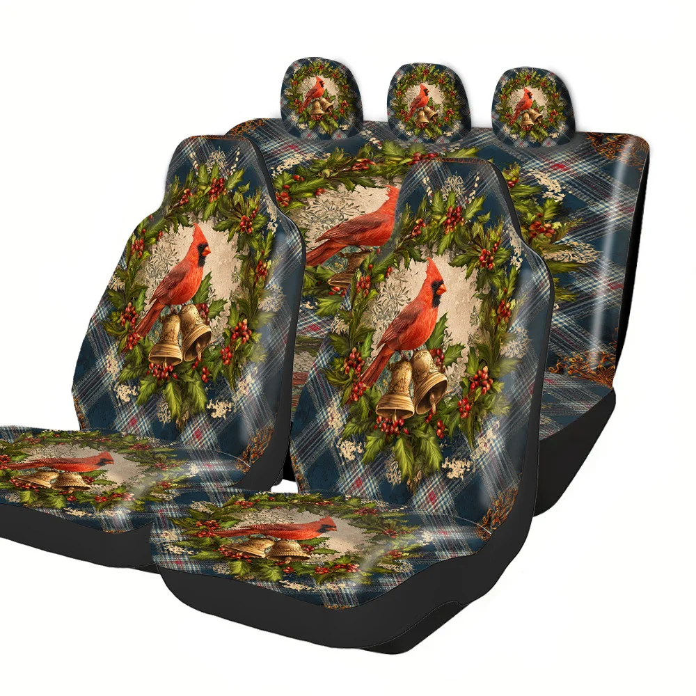 2-5 Seat Set Car Seat Covers Premium Fit For Truck SUV Off-road Car Elegant Christmas Wreath With Cardinal Pattern Festive Holi