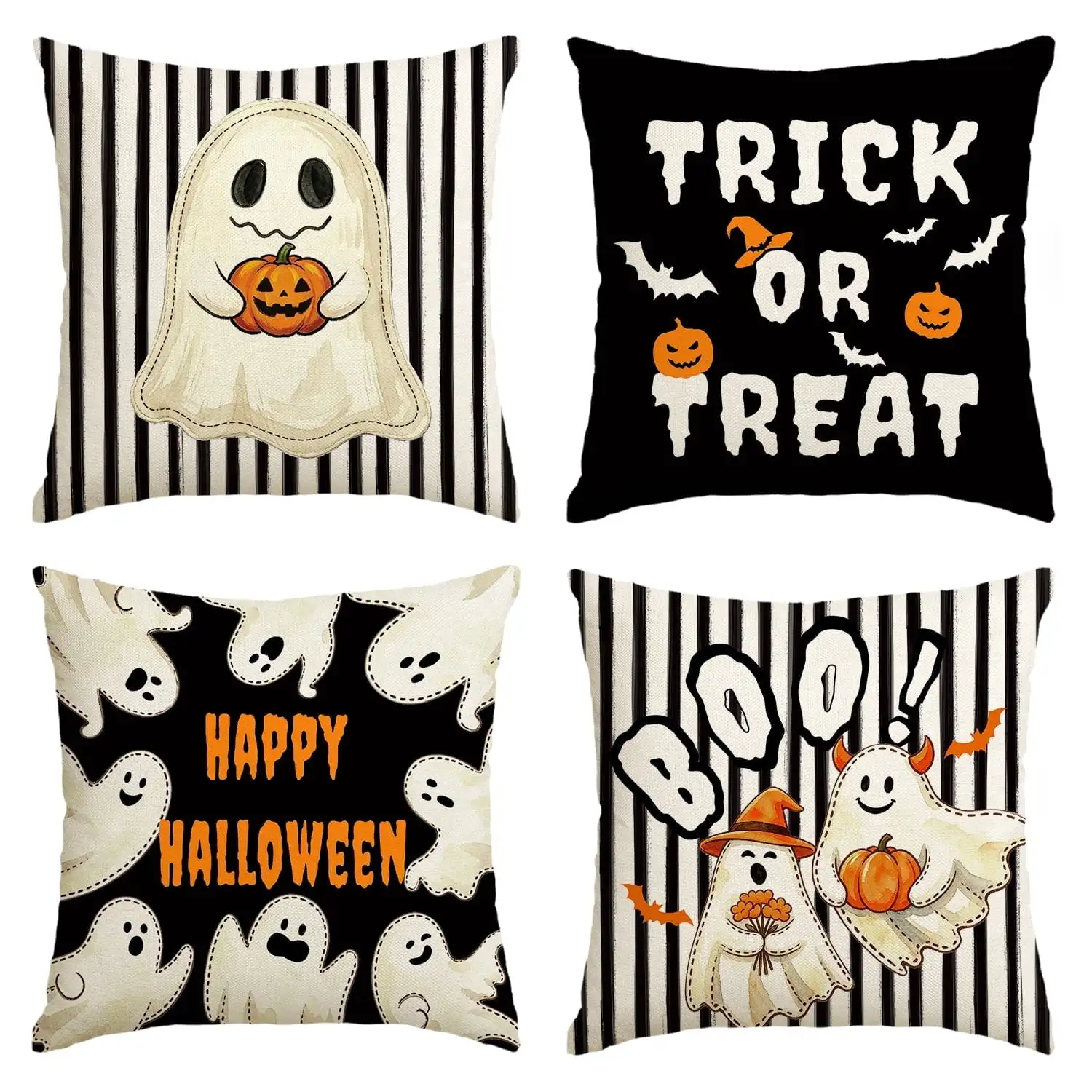 Trick or Treat Boo Ghost Pumpkin Happy Halloween Pillow Covers 18x18 Inch Set of 2, Cushion Covers for Sofa Home Decor