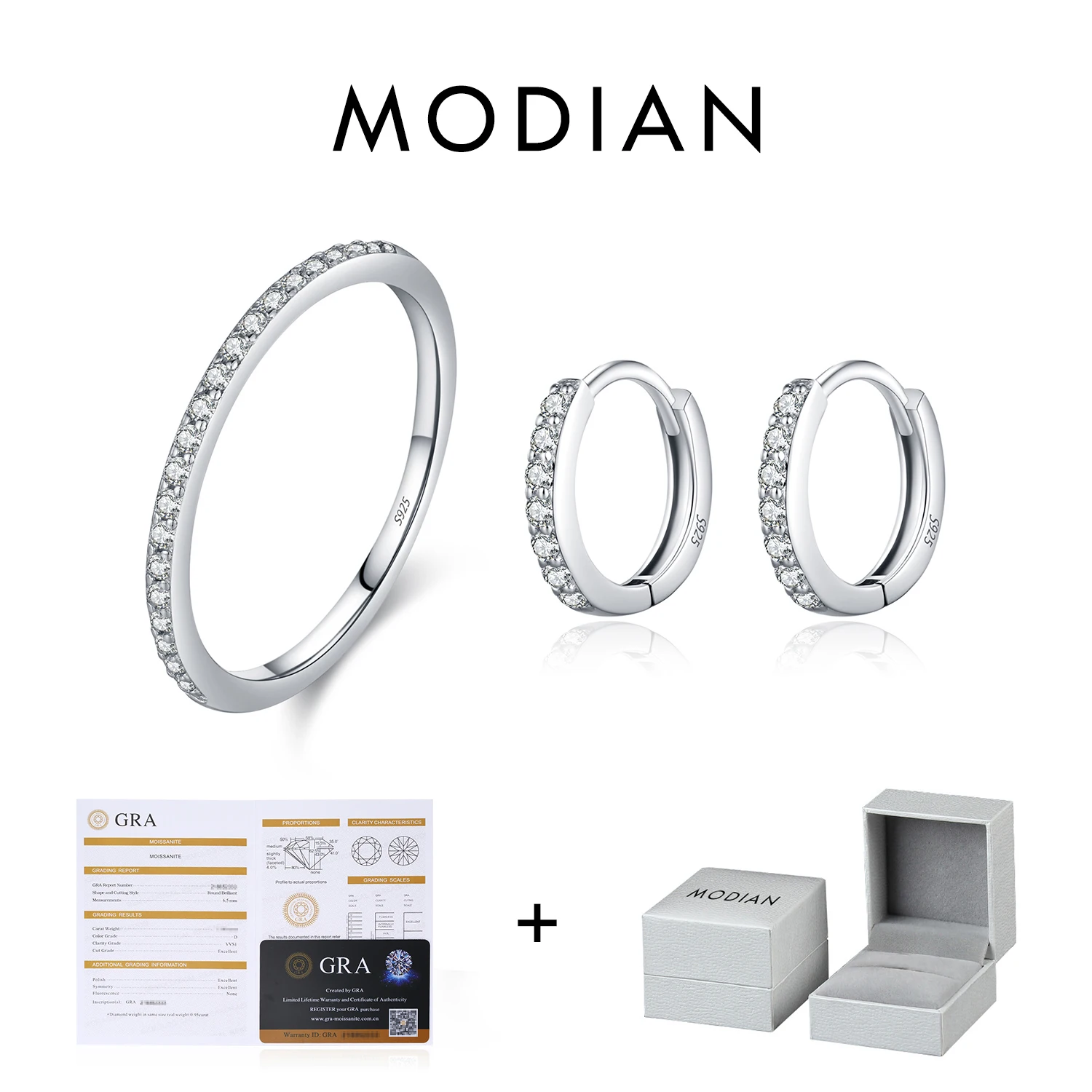 MODIAN D Color Moissanite 925 Sterling Silver Classic Simple Round Hoop Earrings Ring For Women Daily Fine Jewelry Set