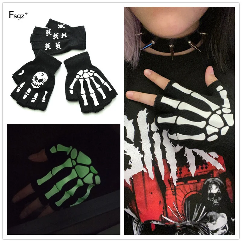 Warm Knitting Fingerless Gloves for Adult Half Finger Glove Human Skeleton Head Gripper Print Cycling Non-slip Wrist Gloves