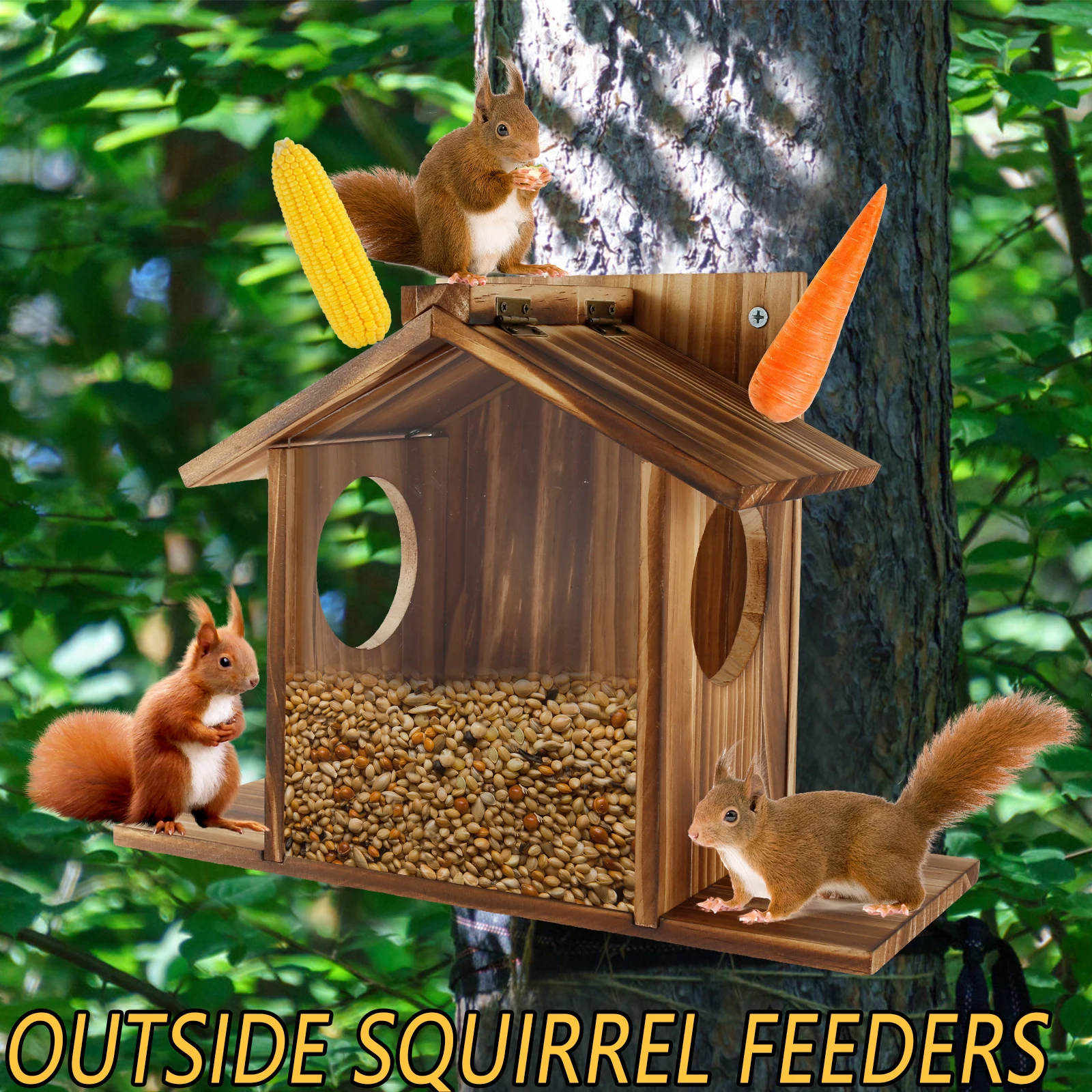 Squirrel Feeder Wooden Squirrel Feeder House wall-mounted Corn Peanuts Chipmunk Feeder with Removable Front Panel for Garden