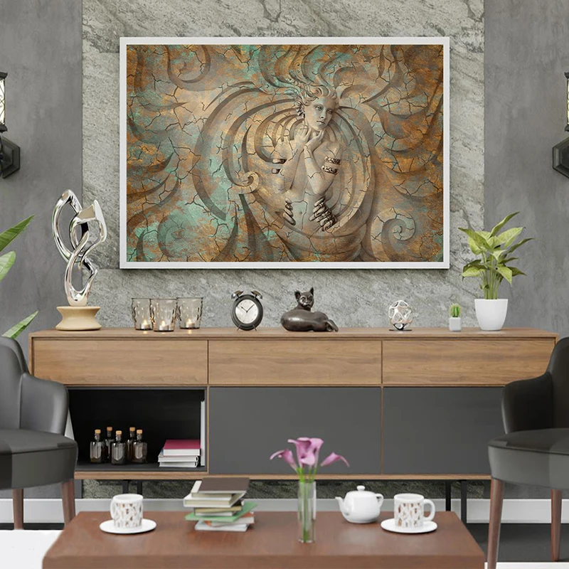 3D Clay Bas-Relief Woman Wall Art Canvas Print Poster Elegant Girl Medusa Picture for Hallway Living Bed Room Home Decor Cuadros