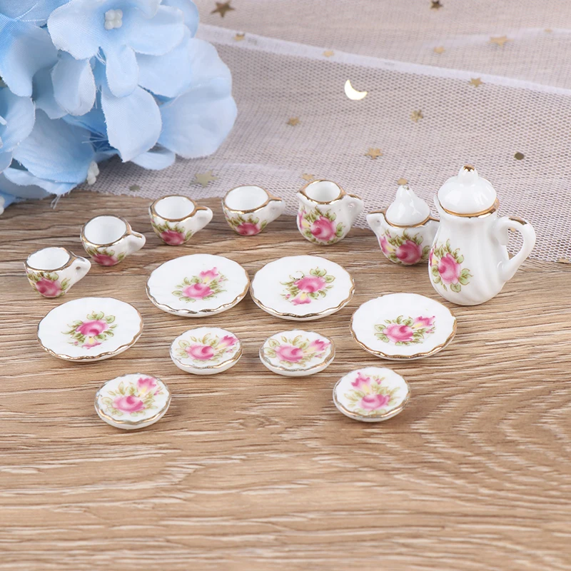 Dollhouse Mini Ceramic Tea Set Miniature Porcelain Tea Cup Set Chintz Flower Tableware Kitchen Dollhouse Furniture Toys