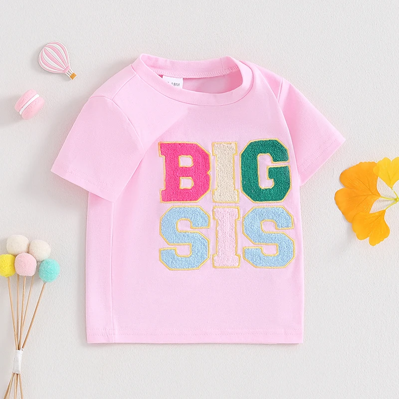 Toddler Big Sister Shirts Summer Fuzzy Embroidered Letter Crew Neck Short Sleeve T-Shirts for Little Girls