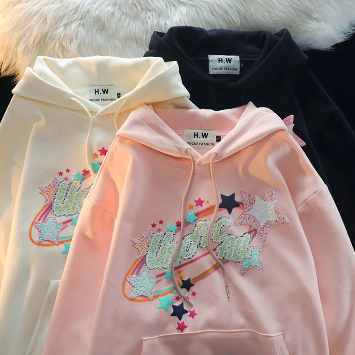450g Thick Cotton Hoodie Women Retro Star Print Oversize Korean Casual Sweatshirt