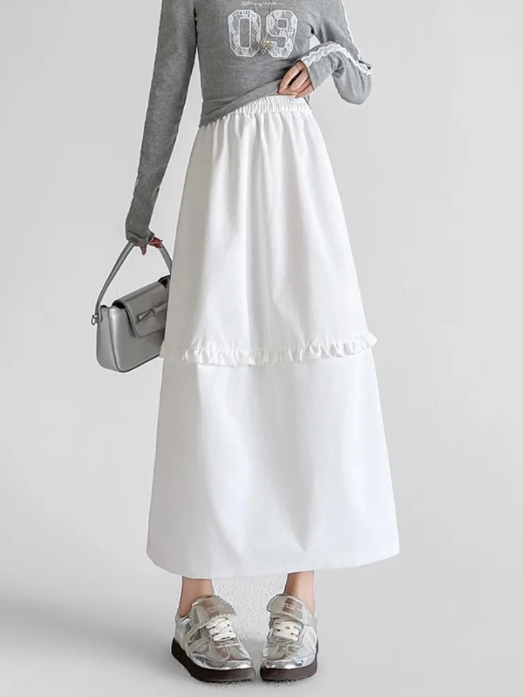 Koreaanse Sle witte ruche ontwerp afslankende Bloom f rok dames herfst winter nieuwe elastische taille uitlopende midi rok