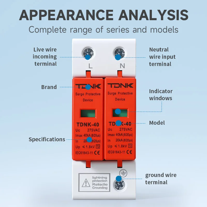 TDNK AC SPD 2P 20KA 40KA 275V 385V House Surge Protector Low Voltage Arrester Lightning Protection Device For Home PV System