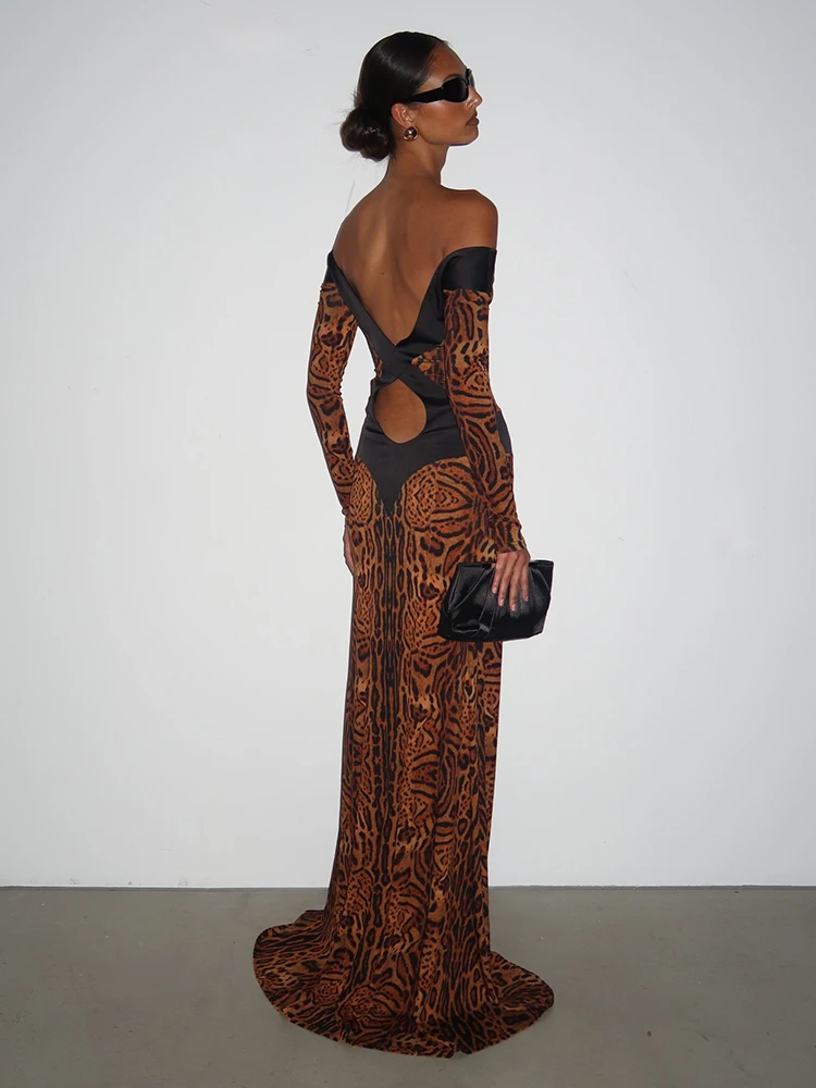 Weird Puss Sexy Leopard Backless Dress Women Autumn Trend Color Blocking Hollow Full Sleeve Elegant Fashion Party Street Bodycon