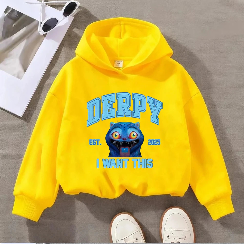 سويت شيرت للأطفال Derpy Cat EST 2025 بغطاء للرأس برسومات ممتعة للأولاد والبنات بلوفر كاجوال بأكمام طويلة
