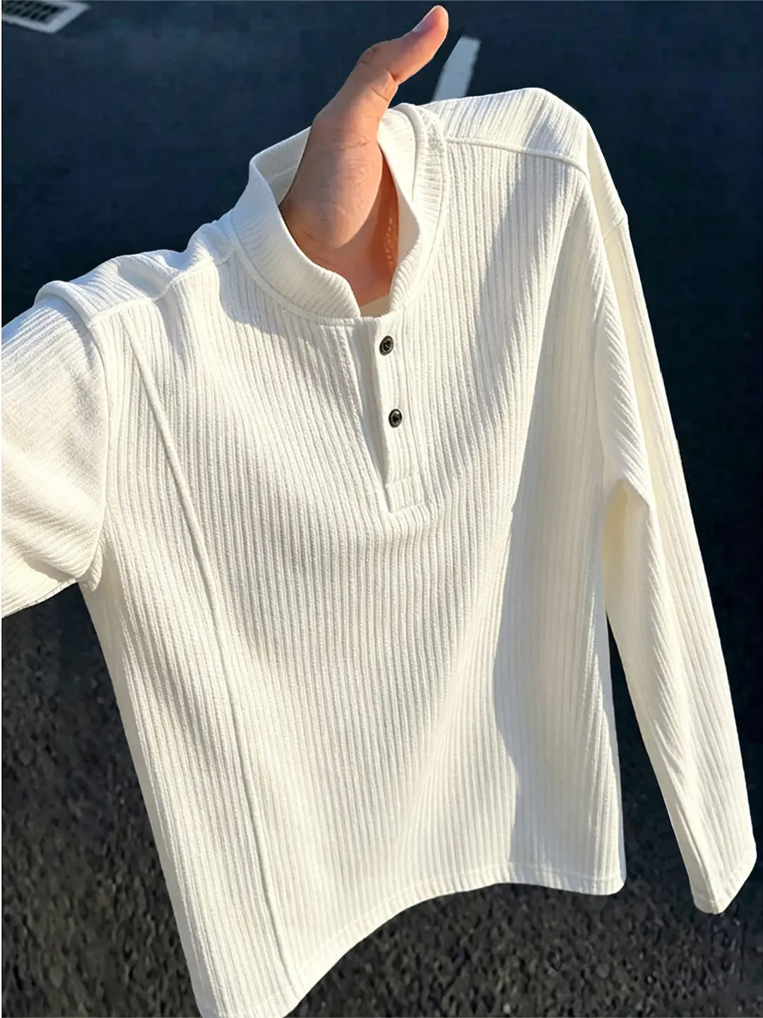 Loose Long Sleeve Henry Collar T-Shirt Men's Style Casual Loose Bottom Base Shirt Youth Popular Standard Fit Pure Color Top