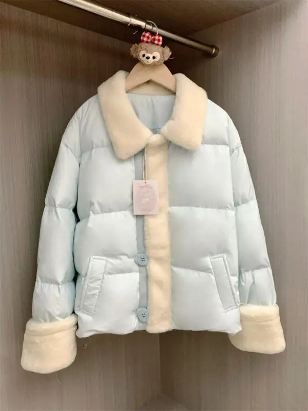 النسخة الكورية المرأة الخبز سترة مبطنة بالقطن رشاقته الفراء طوق لصق الحليب الأزرق الشتاء الفتاة طالب القطن سترة منفوخة