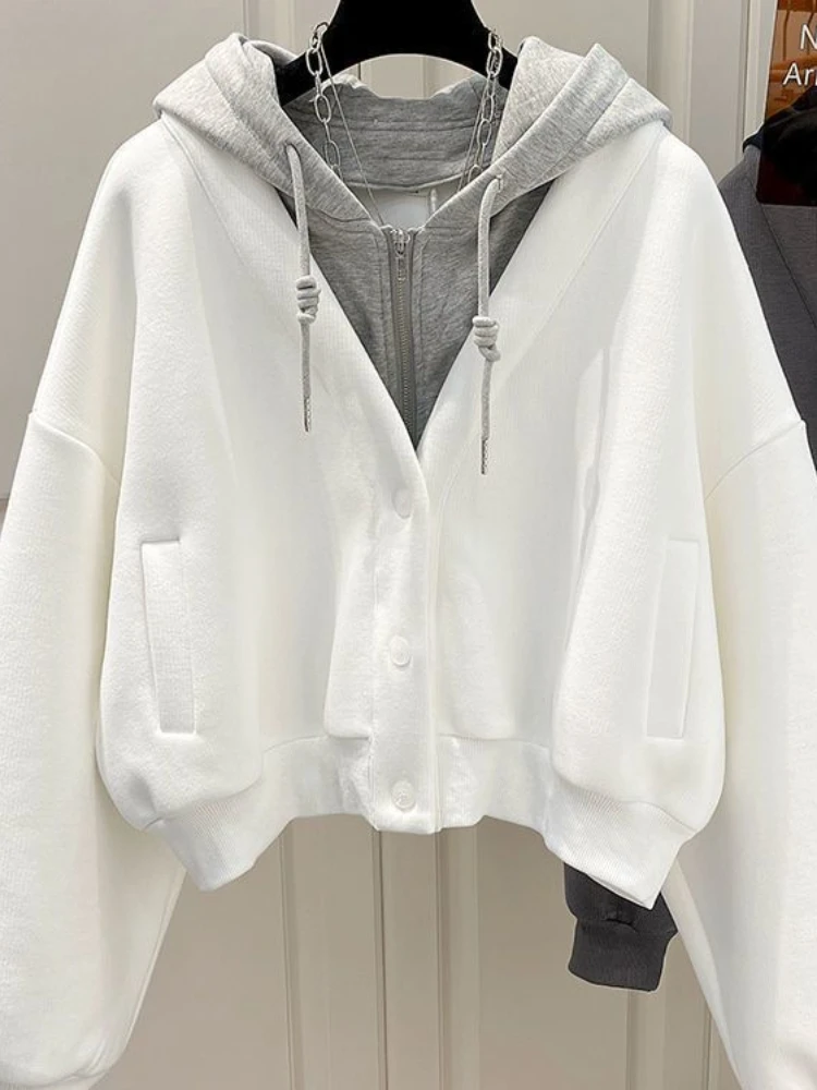 American Retro Hot Girl fake Two Piece Set Hooded Zipper Sweatshirt Autumn/Winter Y2K Harajuku Splicing Women's Tops emo