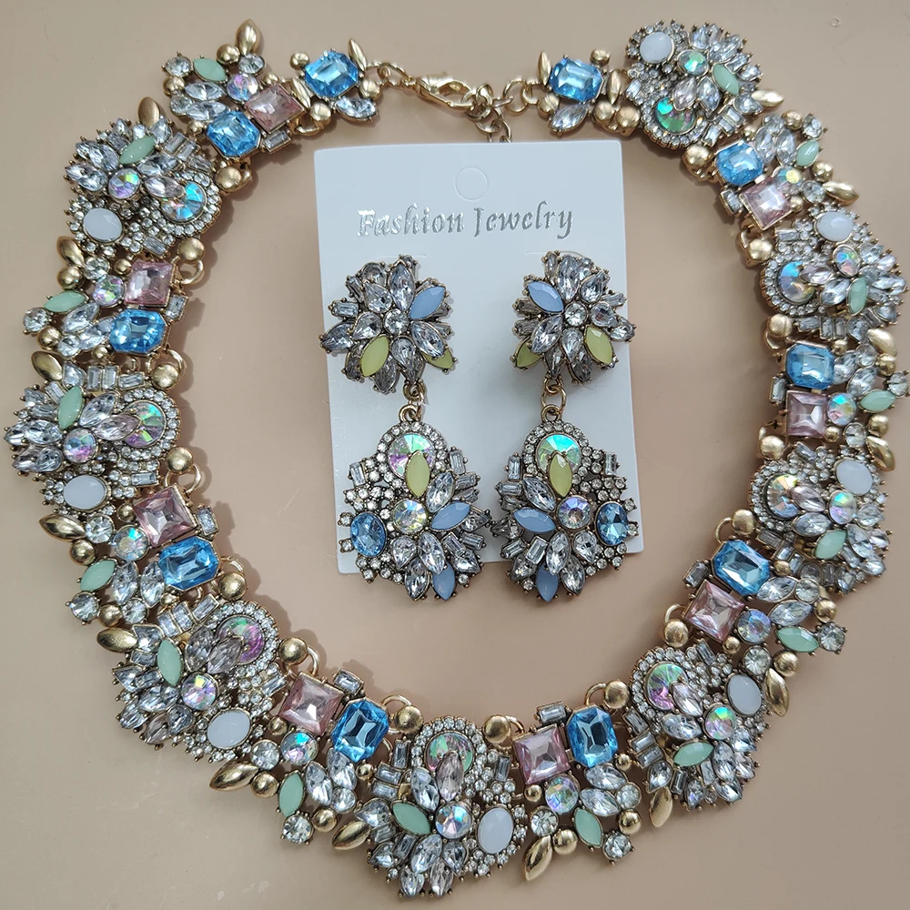 Women's Vintage Statement Earrings & Crystal Rhinestone Choker Set