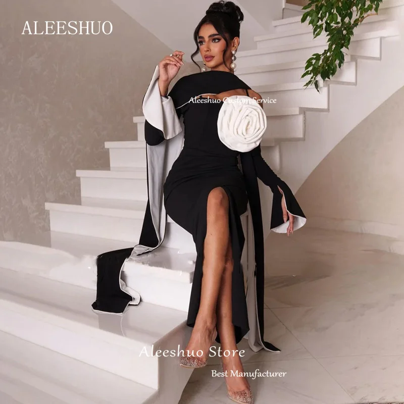 Aleeshuo Saudi Arabia Satin Mermaid Long Sleeves Prom Gowns High Neck Pleat Flowers Ankle-Length فساتين مناسبة 2025 Customized