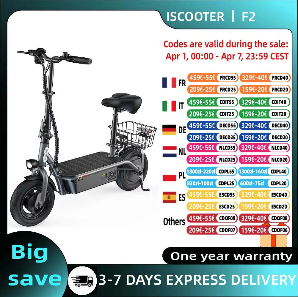 ISCOOTER F2 adultes pliable Scooter électrique avec siège 500W moteur 36V7.8Ah 10 pouces pneu pneumatique avec panier électrique e-scooter